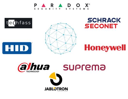 Security system brand logos arranged on a white background, including Paradox, Schrack Seconet, Honeywell, and Dahua.